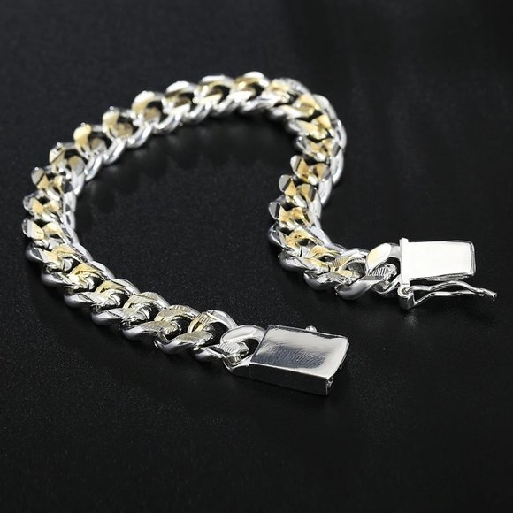Heavy 2 Tone, 10mm Wide Cuban Miami Link Bracelet ,Stamped 925 Sterling Silver - Picture 7 of 7